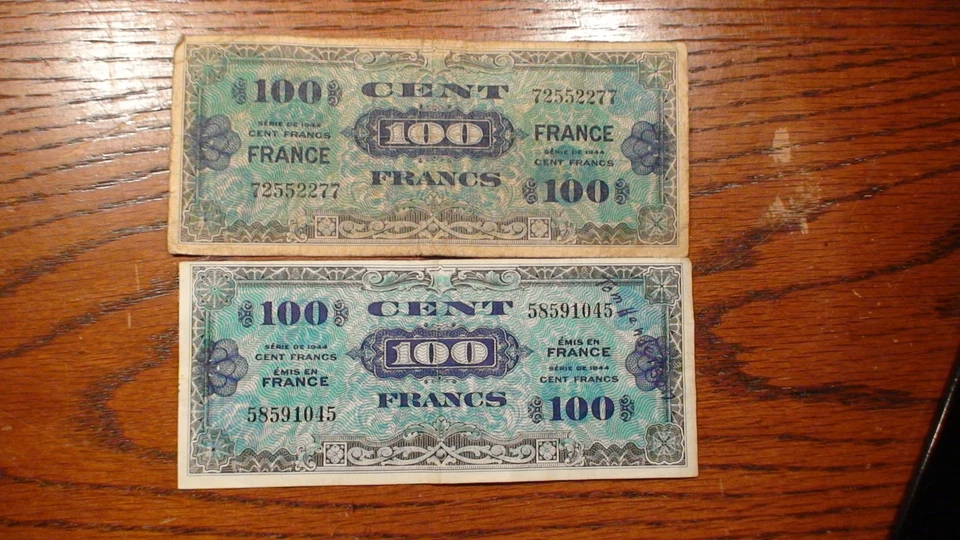 TWO 1944 ALLIED MILITARY FRANCE 100 FRANCS MILITARY PAYMENT CERTS 100FR NOTES! - Image 1 of 4