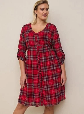 Torrid Mini Chiffon Button Front Shirt Dress Size 6x Red Plaid 2 Piece Slip - Image 1 of 4