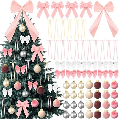 89 Pcs Pink Christmas Tree Decorations Set Including Large Bow Christmas Tree... - Image 1 of 4