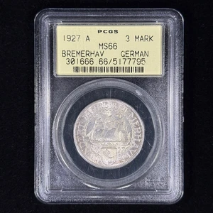 1927-A 3 Mk MS66 PCGS OGH Tonificado Alemania 3 Mark Bremerhaven J-325 - Bonito Tonificación - Imagen 1 de 7