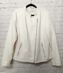 Calvin Klein Moto Jacket Women SZ XL Vegan Faux Leather White Color W/ Zippers - Picture 1 of 11