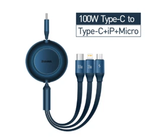 Baseus 3 in 1 USB Retractable Fast Charger Cable 100W for iPhone15 14 13 12 - Picture 1 of 14