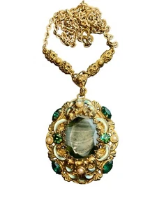Collar De Colección ALEMANIA OCCIDENTAL Estrás Verde Imitación Perla Piedra Filagree Ornamentado - Imagen 1 de 20