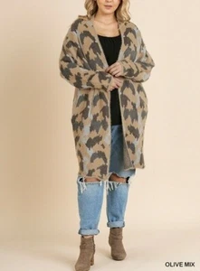 UMGEE Cardigan Sweater Womans Open Front Fuzzy Knit Army Olive Camo Plus 2XL - Picture 1 of 7
