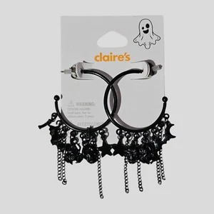 Claire's Halloween Hoop Earrings Skull Bat Spider Star Charms Black - Picture 1 of 4