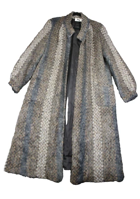 Винтажный MJ Сиэтл 70-х пальто женщин нейтральный цвет в полоску Mohair длинный Duster Sz M/L - Изображение 1 из 4