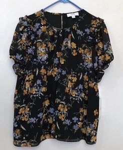 Cece Woman Chiffon Blouse XL Yellow/black Floral Ruffled Short Sleeve Lined - Picture 1 of 6