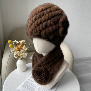 Women's Real Mink Fur Hat + Real Mink Fur scarf Knitted Beanies Elastic Ski Cap