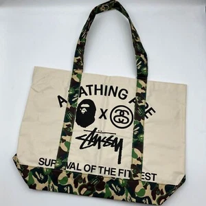 A BATHING APE BAPE × Stussy Nylon Tote Bag Pouch Beige camouflage Band Rare FS - Picture 1 of 10