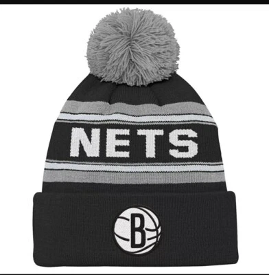 NBA Brookland Nets Youth Boys OS Jacquard Cuffed Knit Pom Hat Gray Black White - Image 1 of 4