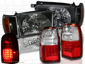 1996-1998 TOYOTA 4RUNNER BLACK STYLE HEADLIGHTS W/ CORNERS + LED TAIL LIGHTS RED - Picture 1 of 4