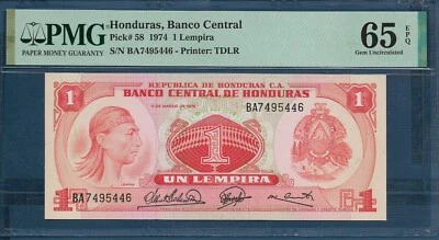Honduras 1 Lempira, 1974, P 58, PMG 65 EPQ Gem UNC - Image 1 of 2