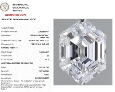 1.00 Hexagonal Cut Lab Grown Diamond For Engagement Ring IGI Certified D VS2 - Image 1 of 4