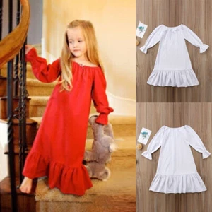 Toddler Baby Girl Kids Dresses Long Sleeve Solid Color Midi Casual Dress - Picture 1 of 9