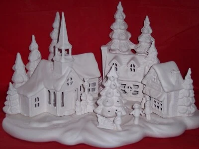 Bisque Cerámico~~Listo para Pintar~~ Grande Pueblo de Navidad 5 Kit de Luces Incluido Foto 1 de 4