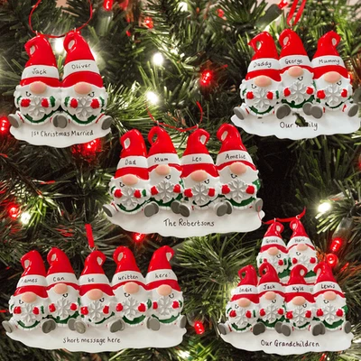 Christmas Tree Decoration. Personalised Gnome Family for 2,3,4,5 or 6 members.