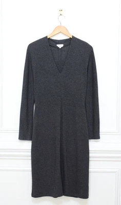 MaxMara 灰色安哥拉羊毛 Midi 毛衣连衣裙 V 领长袖 L 码极简主义 — 第 1/4 张图片