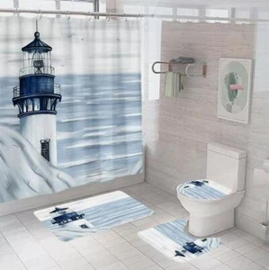 Lighthouse Ocean Shower Curtain Bath Mat Toilet Lid Bathroom Rug Set - Picture 1 of 8
