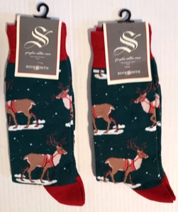 2x SockSmith Crew Socks Christmas Reindeer Cotton Blend Green - Mens Sz 10-13 - Picture 1 of 4