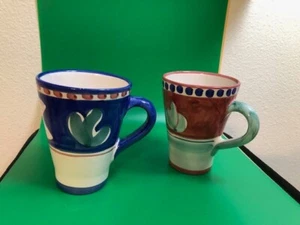 2 Solimene Campagna di Vietri Fish Royal Blue & Bird Red Tapered Mugs 4.5” - Picture 1 of 7