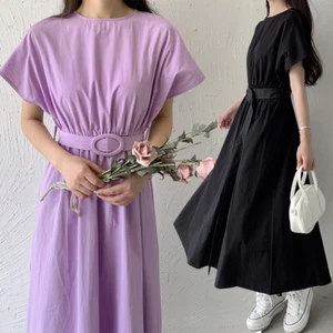 Ladies Raglan Sleeve Dress with Belt Ruffle High Waist Tunic Solid Elegant Prom - Picture 1 of 15
