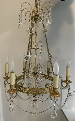 French Directories Baltic Crystal Chandelier Dore Bronze Beaded Basket Vintage - Image 1 of 4