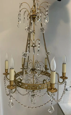 French Directories Baltic Crystal Chandelier Dore Bronze Beaded Basket Vintage Cover