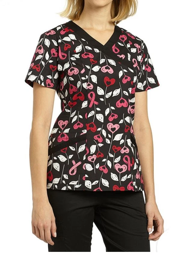 {XS} White Cross Medical Uniform Top Crossover V-Neck Printed Ribbon That Bloom - Image 1 of 1