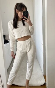 Loungewear Set Damen Gr. XS/S Weiß Muster Plüsch - Bild 1 von 2