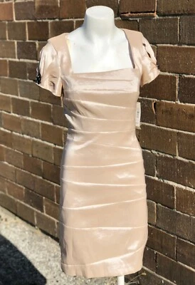 Nuevo Vestido Lápiz Badgley Mischka Champagne Beige Cuentas Recto Talla 8 Foto 1 de 4