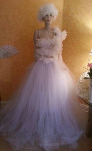 4 Pc White Lace Feather Bandeau Top Tulle Wedding Ball Gown Skirt Sash Hat & Set - Picture 1 of 11