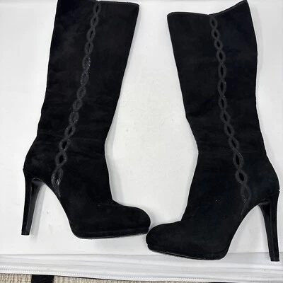 Bota hasta la rodilla Elie Tahari Barletta tacón alto recorte gamuza negra 38,5 Foto 1 de 4