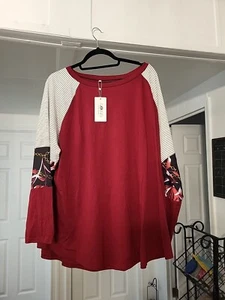 Rosriss Woman's Maroon Color Block Loose Fit Long Sleeve Tee Shirt Sz 22W - Picture 1 of 3