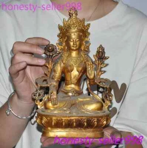8"Tibet Buddhism Temple Bronze gilt Tara Kwan-Yin Guan Yin Goddess Buddha Statue - Picture 1 of 7