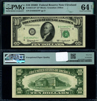 FR. 2014 D* $10 1950-D Federal Reserve Note Cleveland D-* Block Choice PMG CU64 - Image 1 of 3