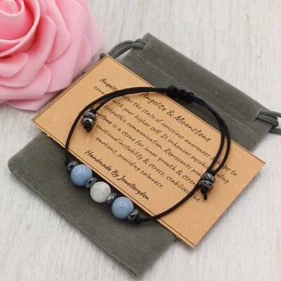ANGELITE & MOONSTONE Adjustable Bracelet Handmade Crystal Healing Gemstone 8mm - Image 1 of 4