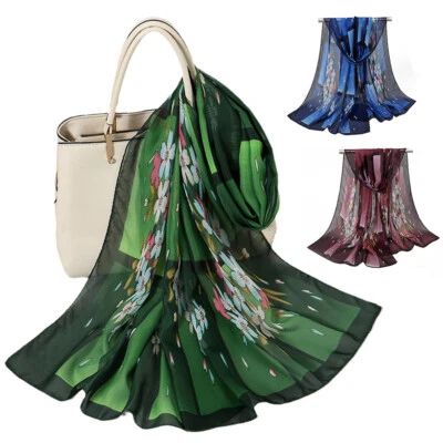 Silk Scarf Gradient Color Muslim Hijabs Flower Print Long Scarves Shawl Wrap - Image 1 of 4