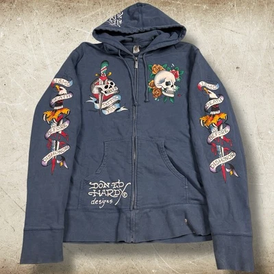 Vintage Ed Hardy Zip Up Hoodie XL Y2K Skater Rock And Roll Grunge Blue Tattoo - Image 1 of 4