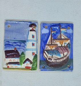 Dos placas de cerámica para artesanía barco faro 3D playa bolsa decoración colgante de pared - Imagen 1 de 4