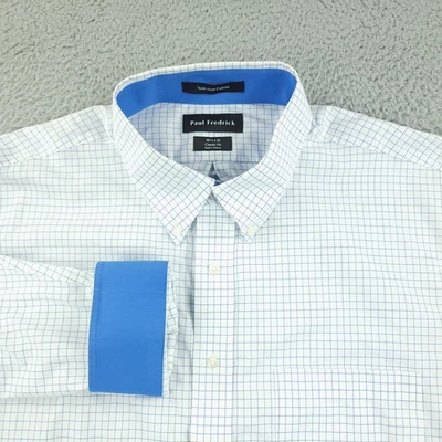 Paul Fredrick Shirt Mens 18.5 36 White Blue Windowpane Non-Iron Classic Fit - Image 1 of 4