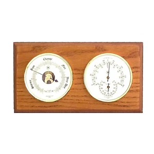 PLYMOUTH BAROMETER AND THERMOMETER/HYGROMETER ON OAK BASE - WALL WEATHER STATION - Picture 1 of 1