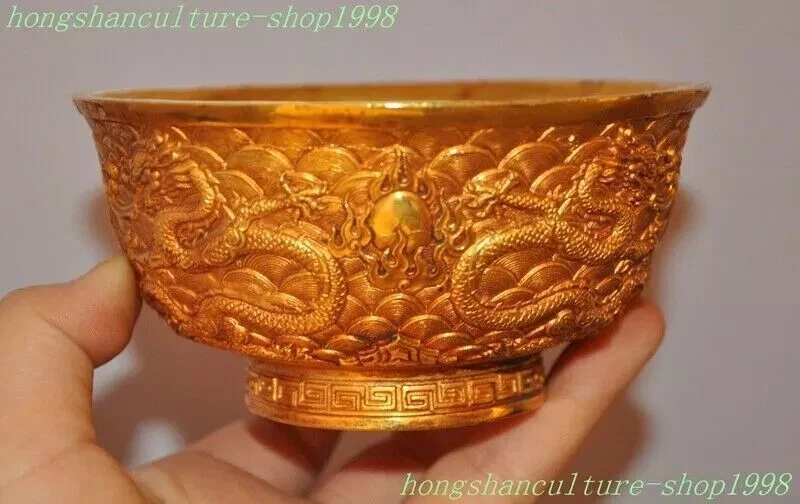 4.8"Ancient China bronze 24k gold Gilt Dragon statue Dynasty palace Tea cup Bowl - Image 1 of 4