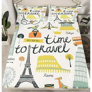 Time To Travel Microfiber Twin Sheet Set New 3 Piece Set Eiffel Tower Landscape - Picture 1 of 7