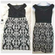 Tadashi Shoji Womens Size 6 Jacquard Velvet Cocktail Dress Black/Silver Stretch