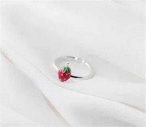 Tiny Green Leaves Red Strawberry Silver Enamel Adjustable Band Ring - Picture 1 of 2