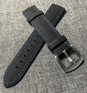 2nd Gen / Sailcloth Sports Watch Strap / Black Blue Stitching 316 Steel 20/22mm - Picture 1 of 6