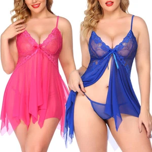 Plus Size Lingerie Set Babydoll Chemise Lace Sleepwear Boudoir Outfit Underwear - Picture 1 of 16
