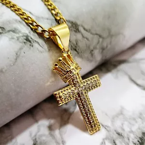 Cuban Link Curb Chain Simulated Diamonds Cross Crown Pendant 18K Gold Layered - Picture 1 of 3