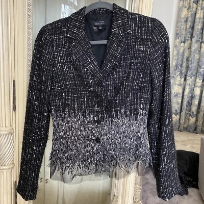 Rickie Freeman Teri Jon 2 Pc Tweed Jacket & Pencil Skirt Black&white Fringe SZ 4 - Image 1 of 4