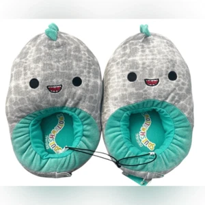 NWT Squishmallow Boys Gray & Teal Dinosaur Plush Slippers - Size 4/5 - Picture 1 of 11